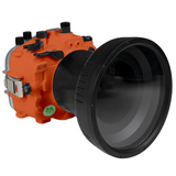 Sony A7 IV Salted Line series 40M/130FT Underwater camera housing with 6" Optical Glass Flat Long Port for Sony FE24-105 F4 (zoom gear). Orange