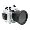 Sony A7 IV 40M/130FT Underwater camera housing with 67mm threaded flat port for FE 90mm macro lens (focus gear included) and standard port bundle. White