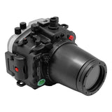 Sony A7 IV 40M/130FT Underwater camera housing with 67mm threaded flat port for FE 90mm macro lens (focus gear included) and standard port bundle.