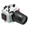 Sony A7 IV 40M/130FT Underwater camera housing with 67mm threaded flat port for FE 90mm macro lens (focus gear included) and standard port bundle. White