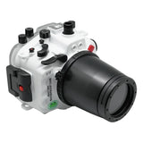 Sony A7 IV 40M/130FT Underwater camera housing with 67mm threaded flat port for FE 90mm macro lens (focus gear included) and standard port bundle. White