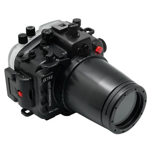 Sony A7 III / A7R III V.3 series 40M/130FT Underwater camera housing with 67mm threaded flat port for FE 90mm macro lens (focus gear included) and standard port bundle. Black