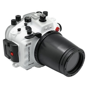 Sony A7 III / A7R III V.3 series 40M/130FT Underwater camera housing with 67mm threaded flat port for FE 90mm macro lens (focus gear included) and standard port bundle. White