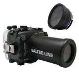 Sea Frogs waterproof housing case Salted Line with 55-210mm lens port for Sony a6000, Sony a6100, Sony a6300, Sony a6400, Sony a6500 cameras. Seafrogs waterproof camera housing. Black color