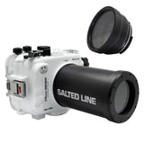 Sea Frogs waterproof housing case Salted Line with 55-210mm lens port for Sony a6000, Sony a6100, Sony a6300, Sony a6400, Sony a6500 cameras. Seafrogs waterproof camera housing. White color