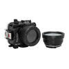 Underwater camera housing waterproof case for Sony RX100 camera series with 67mm threaded macro port and standard port. Black