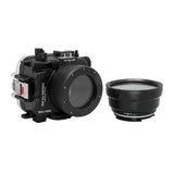 Underwater camera housing waterproof case for Sony RX100 camera series with 67mm threaded macro port and standard port. Black