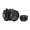 Underwater camera housing waterproof case for Sony RX100 camera series with 67mm threaded macro port and standard port. Black