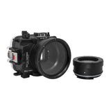 Underwater camera housing waterproof case for Sony RX100 camera series with 67mm threaded macro port and standard port. Black