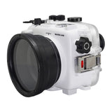 Sea Frogs waterproof housing case Salted Line with 55-210mm lens port for Sony a6000, Sony a6100, Sony a6300, Sony a6400, Sony a6500 cameras. Seafrogs waterproof camera housing with pistol grip accessory. White color