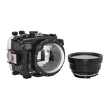 Sea Frogs waterproof housing case Salted Line with 4 inch dry dome port for Sony a6000, Sony a6100, Sony a6300, Sony a6400, Sony a6500 cameras. Seafrogs camera housing with 67mm threaded short macro port. Black color