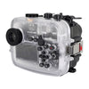Sea Frogs waterproof housing case Salted Line with 55-210mm lens port for Sony a6000, Sony a6100, Sony a6300, Sony a6400, Sony a6500 cameras. Seafrogs waterproof camera housing with pistol grip accessory. Black color