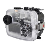 Sea Frogs waterproof housing case Salted Line with 55-210mm lens port for Sony a6000, Sony a6100, Sony a6300, Sony a6400, Sony a6500 cameras. Seafrogs waterproof camera housing with pistol grip accessory. Black color