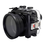 Sea Frogs waterproof housing case Salted Line with 4 inch dry dome port for Sony a6000, Sony a6100, Sony a6300, Sony a6400, Sony a6500 cameras. Seafrogs camera housing with Pistol grip accessory. Black color