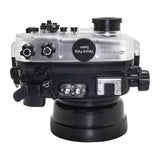 Sea Frogs waterproof housing case Salted Line with 55-210mm lens port for Sony a6000, Sony a6100, Sony a6300, Sony a6400, Sony a6500 cameras. Seafrogs waterproof camera housing with pistol grip accessory. Black color