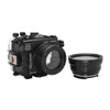 Sea Frogs waterproof housing case Salted Line with macro port with 67mm thread for Sony a6000, Sony a6100, Sony a6300, Sony a6400, Sony a6500 cameras. Seafrogs camera housing with 67mm threaded short macro port. Black color