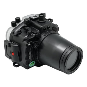 Sony A1 40M/130FT Underwater camera housing with 67mm threaded flat port for FE 90mm macro lens (focus gear included) and standard port bundle