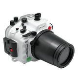 Sony A1 40M/130FT Underwater camera housing with 67mm threaded flat port for FE 90mm macro lens (focus gear included) and standard port bundle.