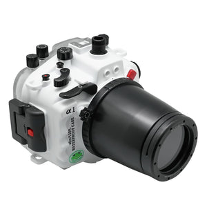 Sony A1 40M/130FT Underwater camera housing with 67mm threaded flat port for FE 90mm macro lens (focus gear included) and standard port bundle.